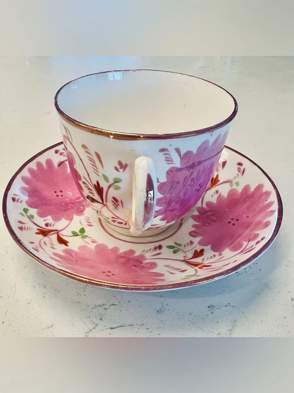 Antique Allerton Staffordshire Pink Lustre Dahlia Cup & Saucer Gaudy Welsh